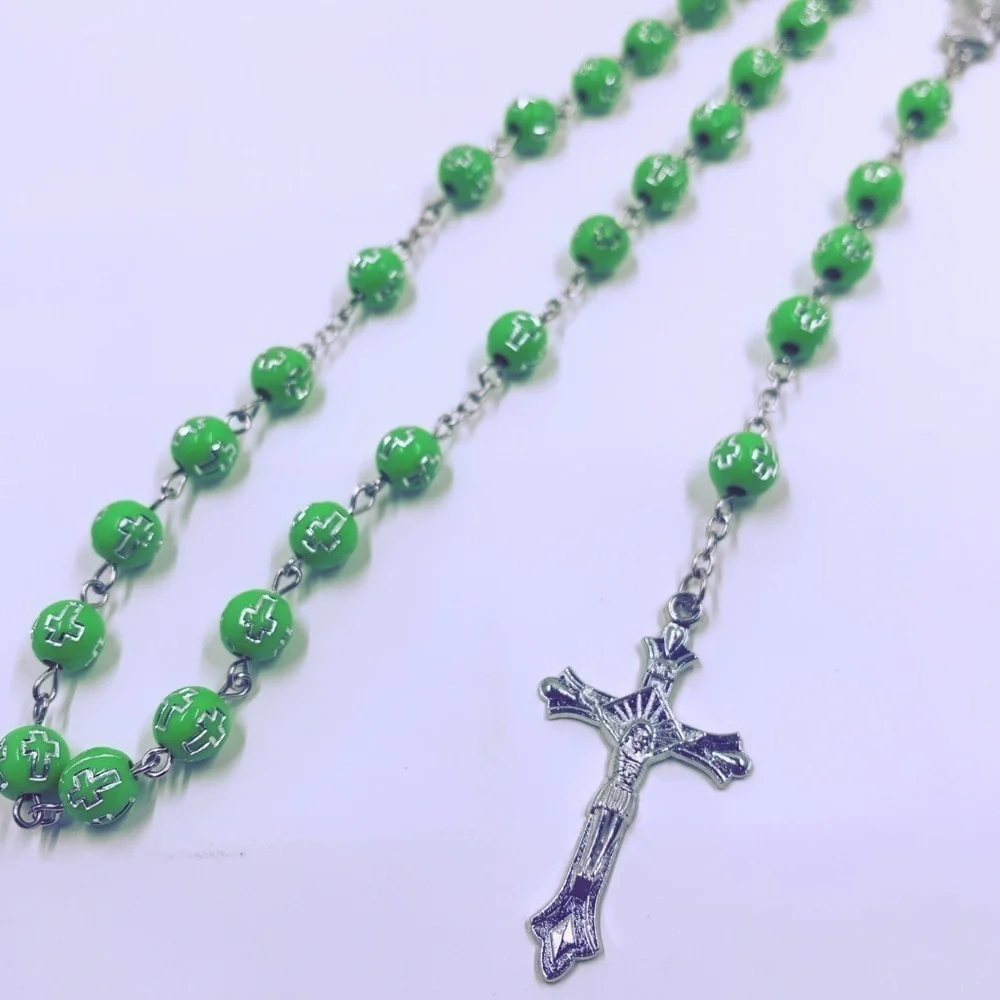 Catholic Lime Green Beaded Rosary Silver Crucifix Mary Cross Prayer Beads